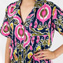 Ikat Print 100% Cotton Ladies Pyjama Short Set In Navy And Pink, thumbnail 3 of 6