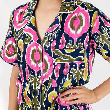 Ikat Print 100% Cotton Ladies Pyjama Short Set In Navy And Pink, 3 of 6