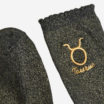 Women's Glitter Socks Black Gold Zodiac Taurus, 4 of 5