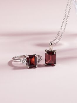 Garnet Emerald Cut Pendant Necklace In Sterling Silver And Gold, 9 of 11