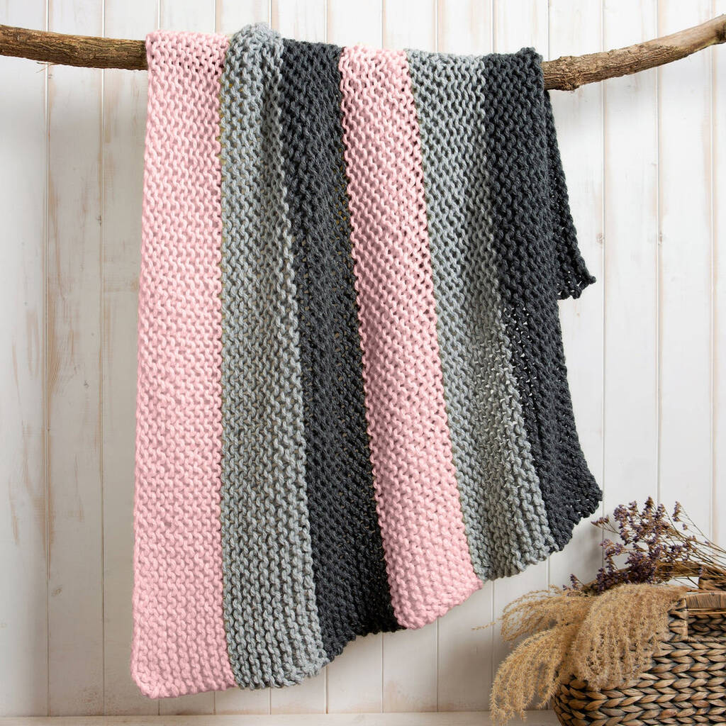 Stripy Beginners Blanket Knitting Kit Rosy Days, 1 of 3