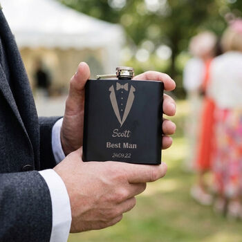 Personalised Engraved Tuxedo Design 6oz Hip Flask For Wedding, Best Man, Groom, 2 of 8
