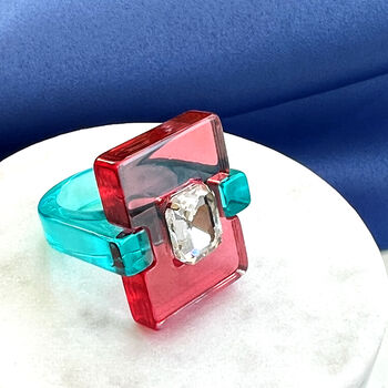 Outsized Statement Baguette Rhinestone Resin Ring, 3 of 9