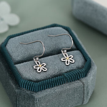 Sterling Silver Two Tone Daisy Flower Drop Earrings With Hooks, 4 of 10