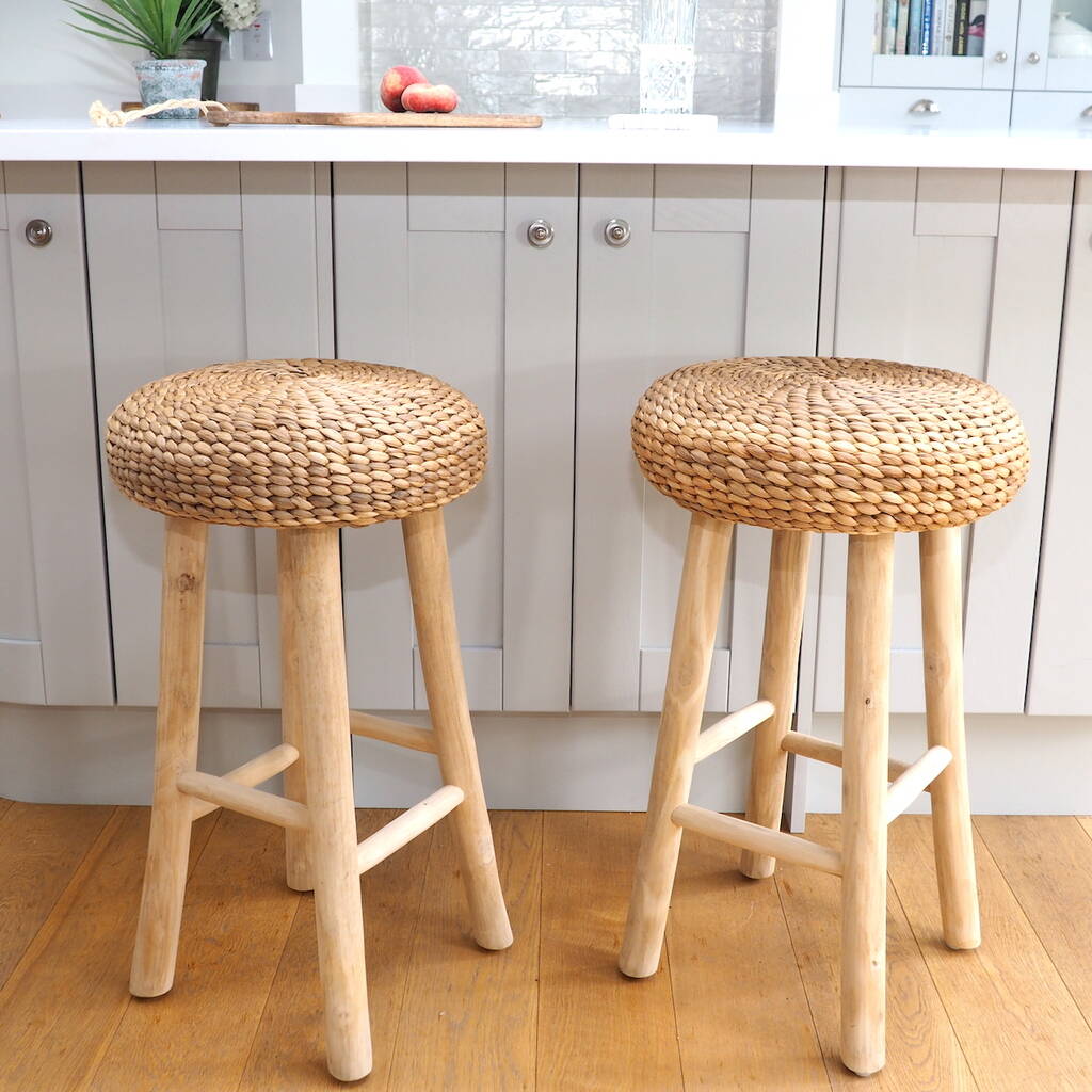 Wood Bar Stool With Wicker Seat By Za, Wooden Bar Stools With Rattan Seats