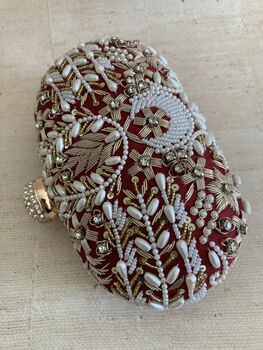 Maroon Handcrafted Embroidered Oval Clutch Bag, 4 of 10