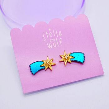 Teal And Gold Shooting Star Stud Earrings, 5 of 8