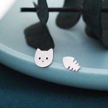 Cat And Fishbone Stud Earrings In Sterling Silver, 2 of 9