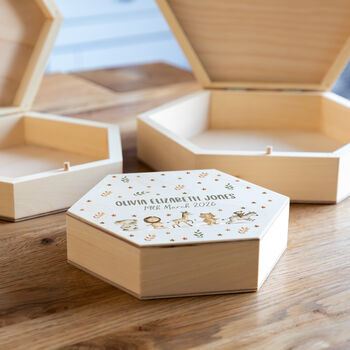 Personalised New Baby Gift Hexagon Keepsake Box Jungle Animals, 4 of 6