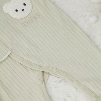Personalised Light Sage Snow Bear Boucle Wrap Romper, 2 of 4