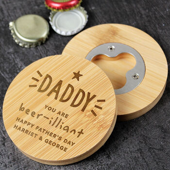 Personalised Star Bamboo Bottle Opener Coaster Gift For Him, 2 of 4