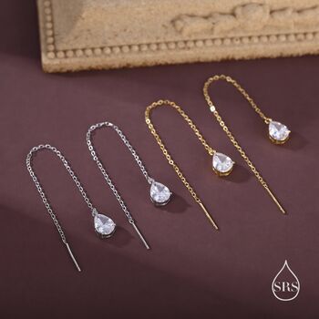 Sterling Silver Pear Cut Cz Droplet Threader Earrings, 7 of 11