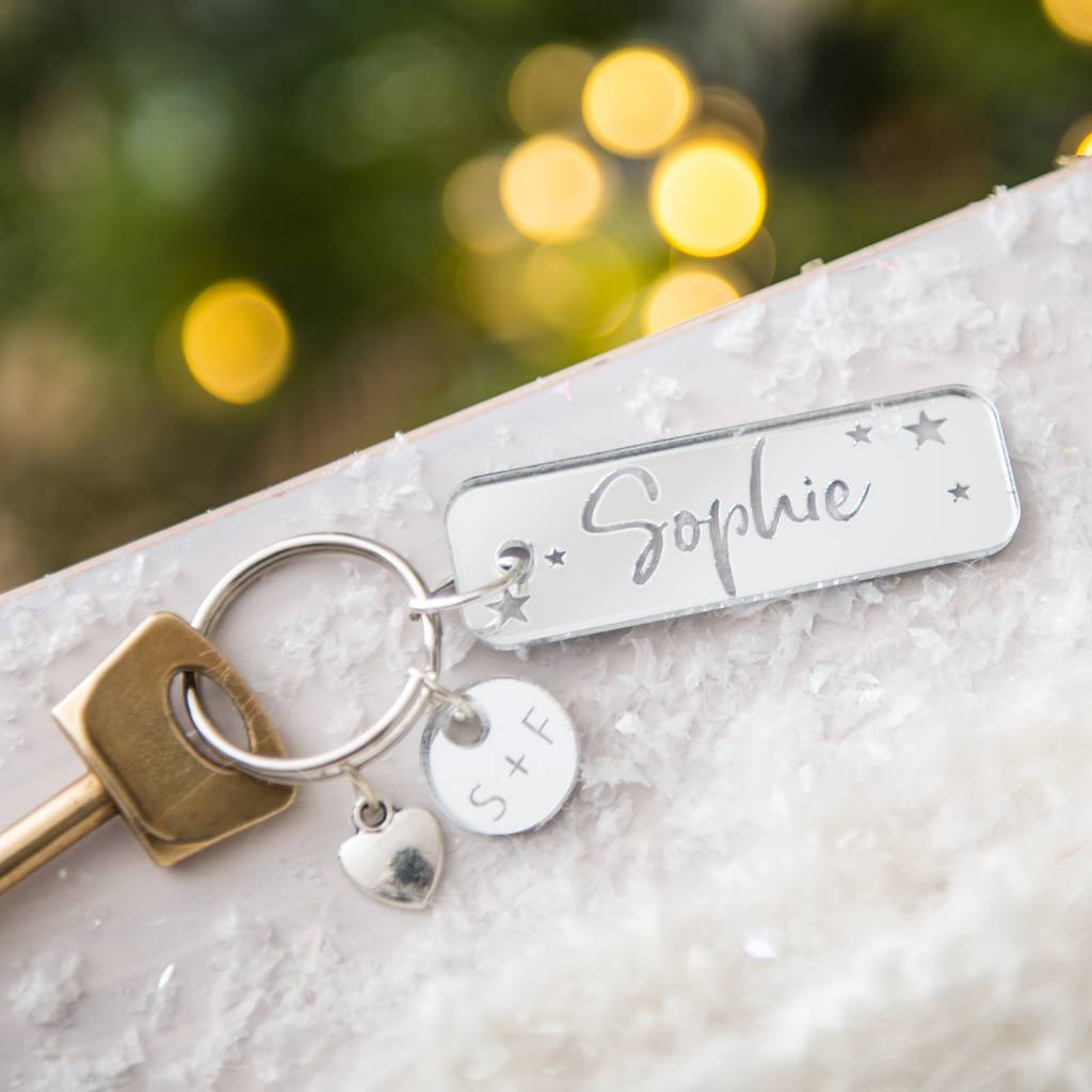 Image of Personalised Silver Star Heart Charm Keyring