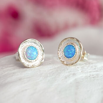 Molten Sterling Silver Framed Blue Opal Stud Earrings, 3 of 9
