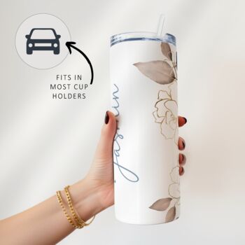 Custom Elegant Blue And Gold Floral Insulated Bottle Tumbler, 5 of 5