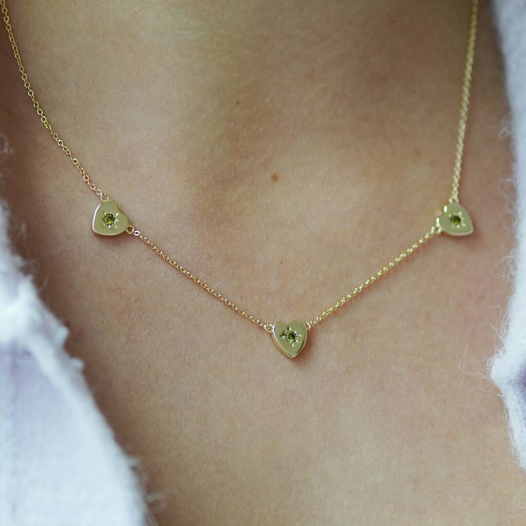 Triple Peridot Heart Charm Necklace, 1 of 8