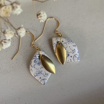 Blue Pottery Flower Ceramic Leaf Earrings Gold Plated, 5 of 6
