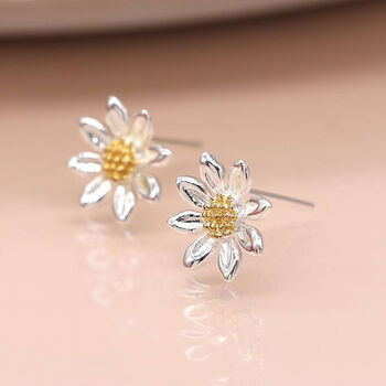 Large Sterling Silver And Yellow Gold Daisy Flower Stud Earrings, 2 of 10