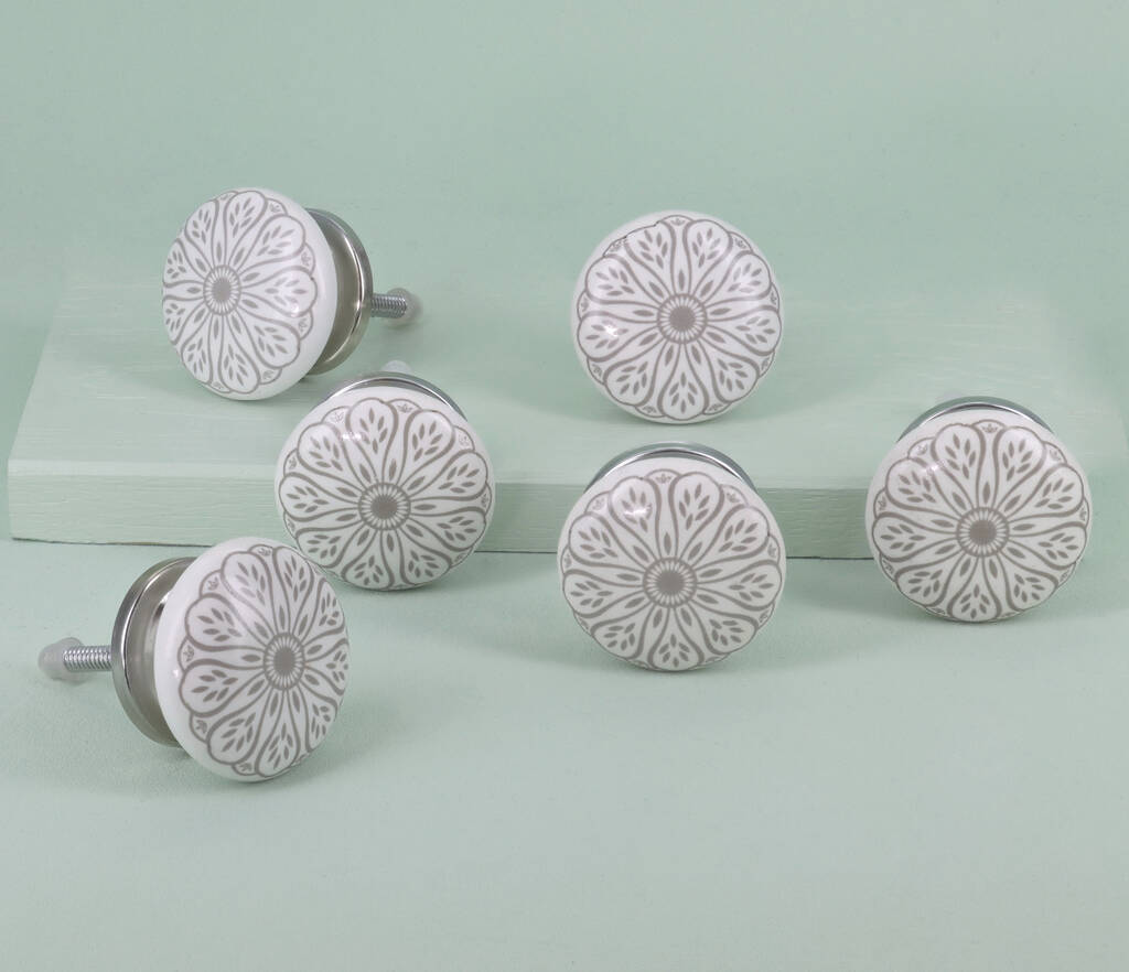 Set Of Six Success Grey Floral Ceramic Door Knobs, 1 of 5
