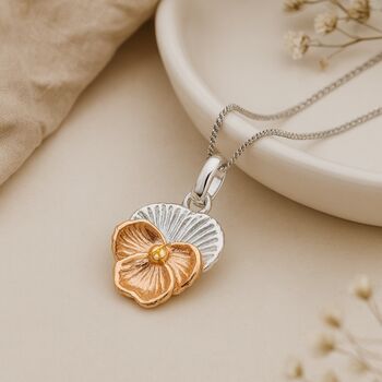 Personalised Sterling Silver And Gold Violet Necklace – February Birth Flower, 6 of 11