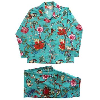 Ladies Teal Exotic Flower Print Cotton Pyjamas, 4 of 4