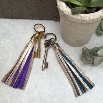 Two Tone Leather And Suede Tassel Keyring, 3 of 6