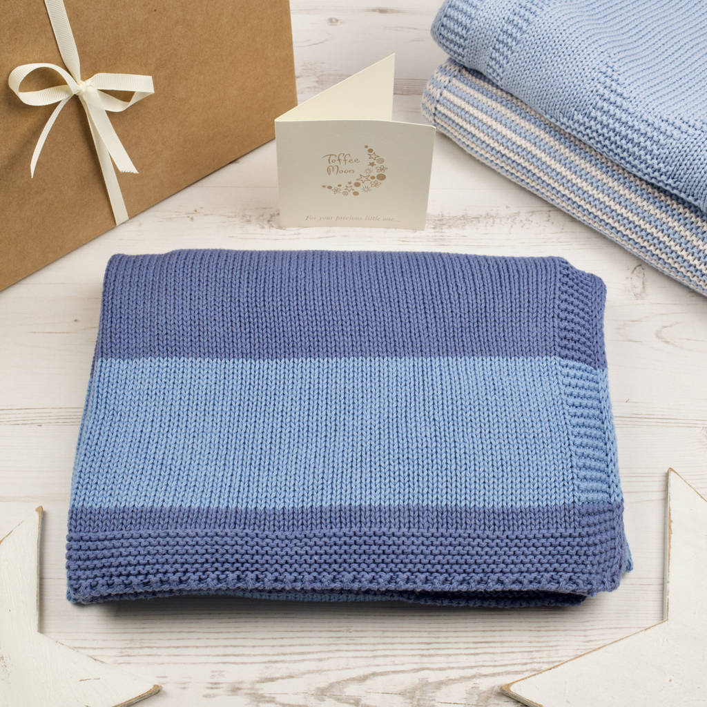 Baby Boys Blue Stripy Knitted Blanket By Toffee Moon