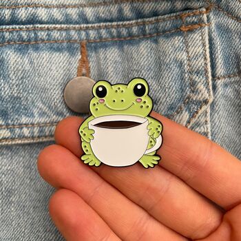 Cute Frog With Coffee Cup Enamel Pin – Custom Engraved Mug, 4 of 5