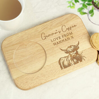 Personalised Highland Cow Wooden Tea And Biscuit Board Coaster Tray, 2 of 4