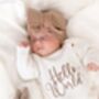 'Hello World I'm Name' Embroidered New Baby Long Sleeve Romper, thumbnail 5 of 12