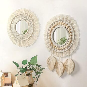 Two Pieces Hanging Wall Mirror With Macrame Fringe, 5 of 7