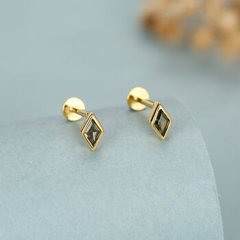 Sterling Silver Olive Green Cz Rhombus 16 G Flat Back Labret Earrings, 5 of 11