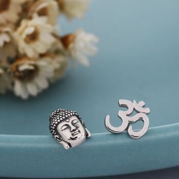Mismatched Buddha Head And Om Stud Earrings In Sterling Silver, 4 of 12