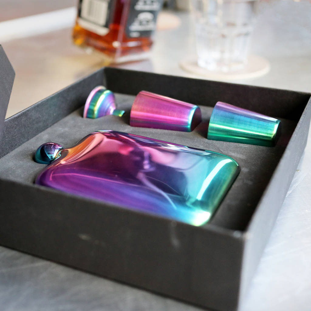 Iridescent Hip Flask Set With Personalised Sleeve, 1 of 8