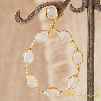 White Rainbow Moonstone Oval Gold Silver Stud Drop Earrings, 6 of 9