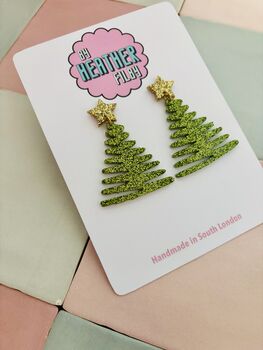 Green Squiggle Glitter Christmas Tree Earrings / Festive Jewellery / Sparkly Abstract Tree Earrings / Holiday Jewellery / Christmas Gift, 3 of 5