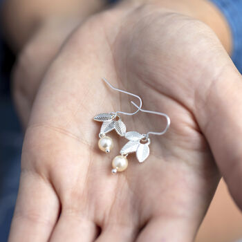 Triple Leaf Pearl Drop Earrings, 5 of 10