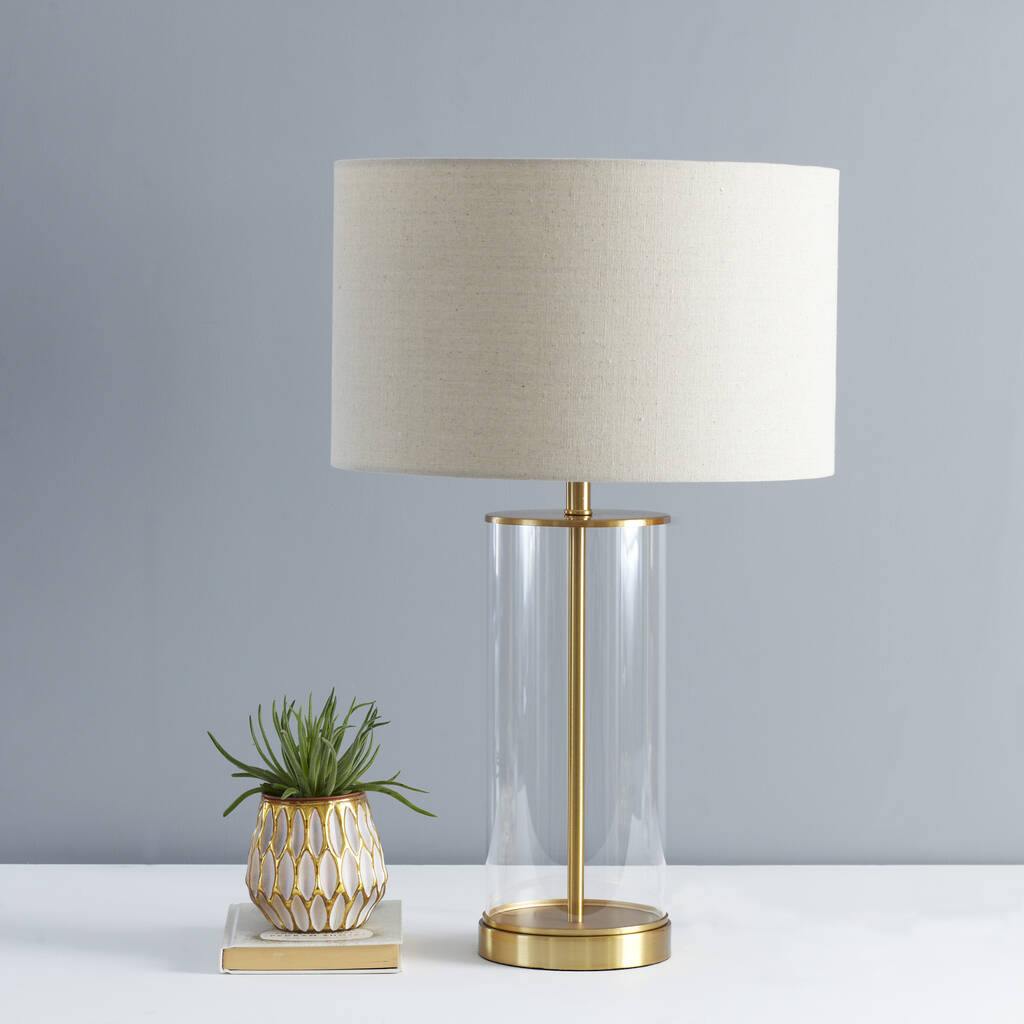 Gold And Glass Cylinder Table Lamp With Natural Shade By Primrose