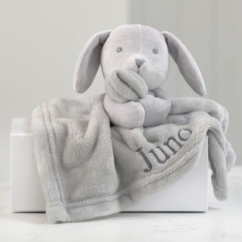 Personalised Grey Bunny Rabbit Unisex Baby Comforter, 2 of 9
