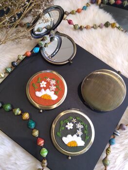 Linen Compact Mirror With Hand Embroidered Flower, 3 of 5