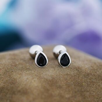 Sterling Silver Extra Tiny Black Cz Droplet Screw Back Earrings, 3 of 10