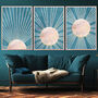 Set Of Three Boho Sun Turquoise Blue Wall Art Prints, thumbnail 1 of 4