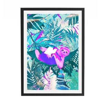 Pink Sloth In The Neon Jungle Tropical Wall Art Print, 3 of 4