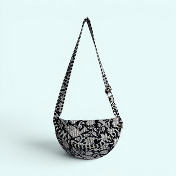 Cross Body Sling Bag | Black And White Block Print Floral Cotton, 4 of 5