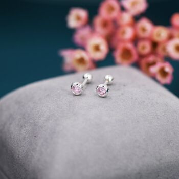 Tiny Pink Cz Barbell Earrings In Sterling Silver, 5 of 12