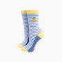 Embroidered Lemon Striped Combed Cotton Socks In Blue, thumbnail 1 of 4