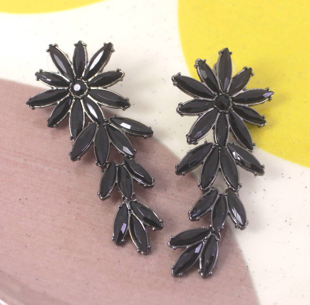 Statement Black Crystal Flower Drop Earrings By Lucy Loves Neko