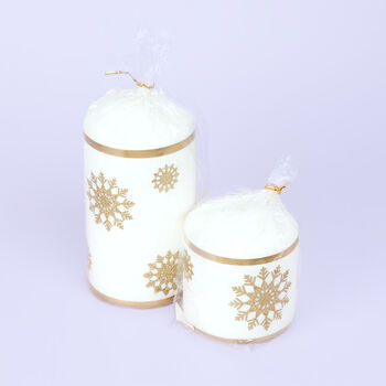 G Decor Snow White Pillar Candle With Gold Snowflakes, 7 of 7