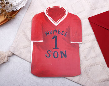 Football Number One Son Birthday Card With Blue Or Red T Shirt Design, 4 of 8