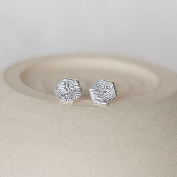 Sterling Silver Textured Hexagon Stud, 3 of 8